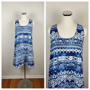 Cromer Resortwear Blue White Geometric Tropical Beach Dress Lightweight Medium